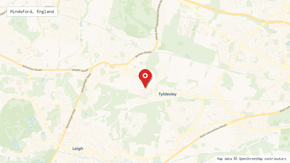 Street map of Hindsford, England with location pin