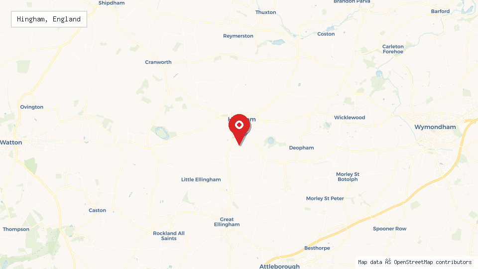 Street map of Hingham, England with location pin