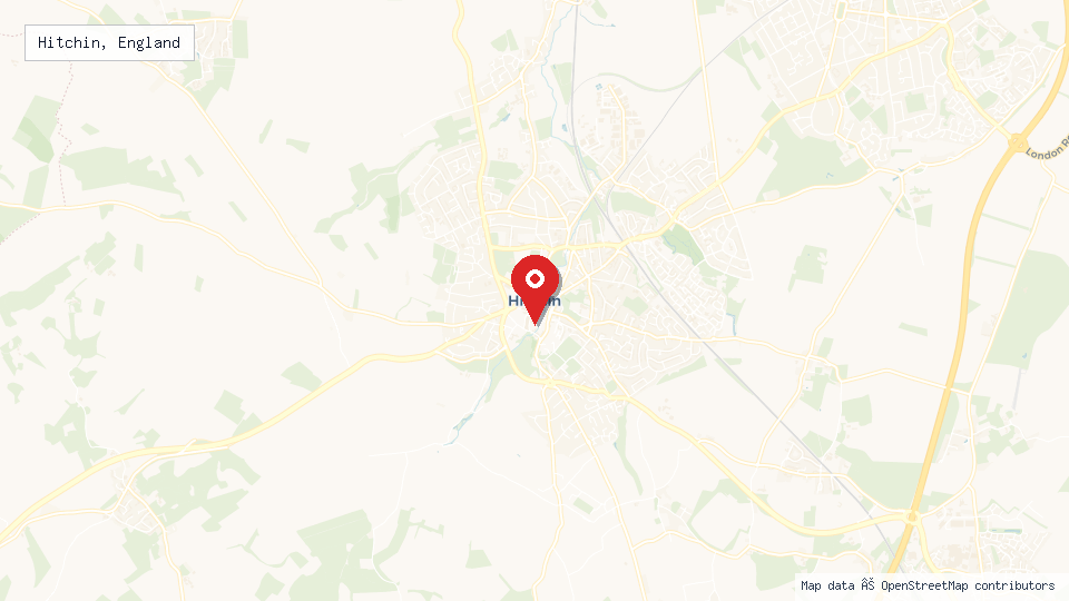 Street map of Hitchin, England with location pin