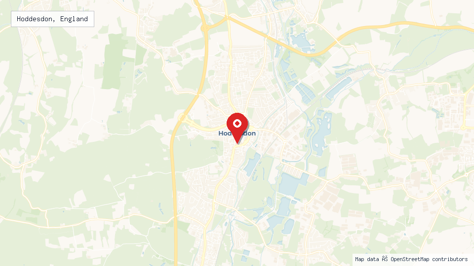 Street map of Hoddesdon, England with location pin