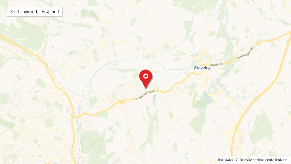 Street map of Hollingwood, England with location pin