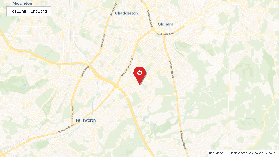 Street map of Hollins, England with location pin