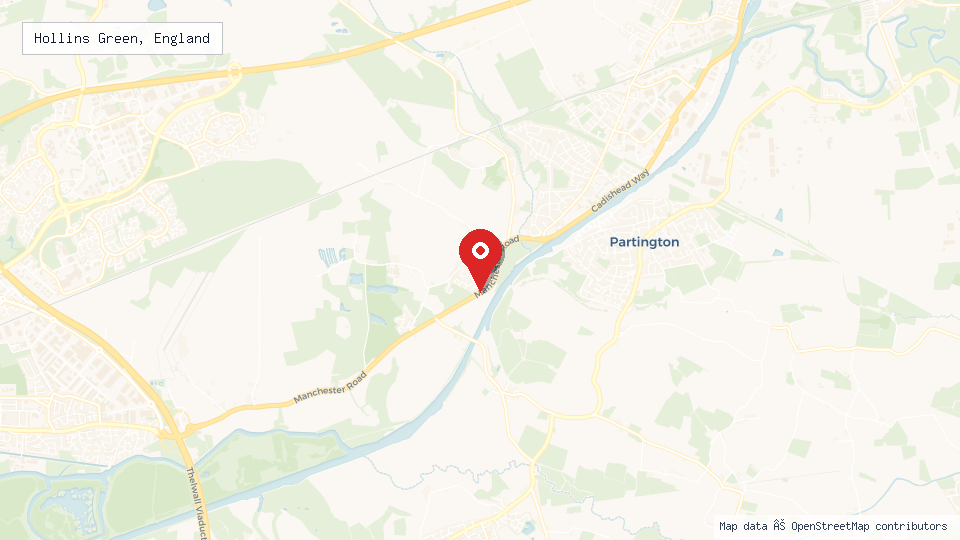 Street map of Hollins Green, England with location pin