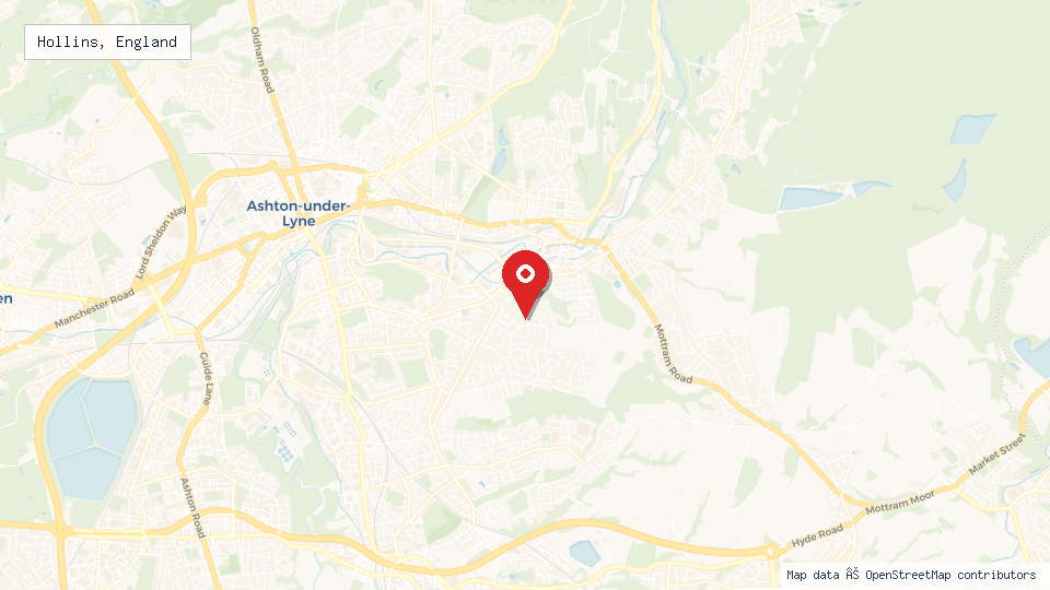 Street map of Hollins, England with location pin