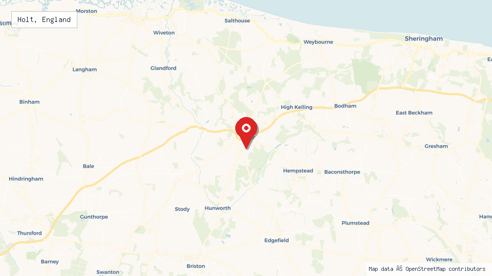 Street map of Holt, England with location pin