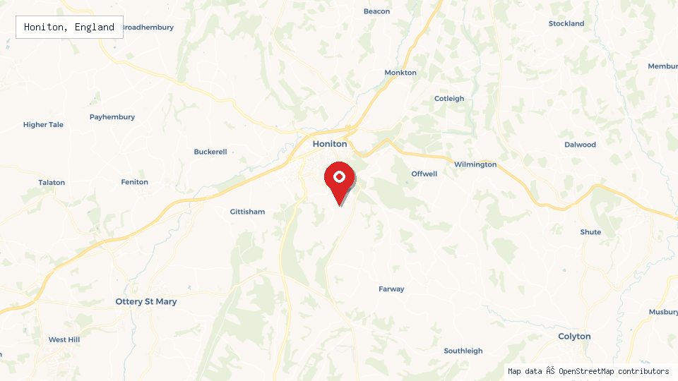 Street map of Honiton, England with location pin