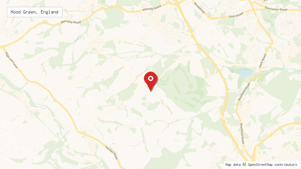 Street map of Hood Green, England with location pin