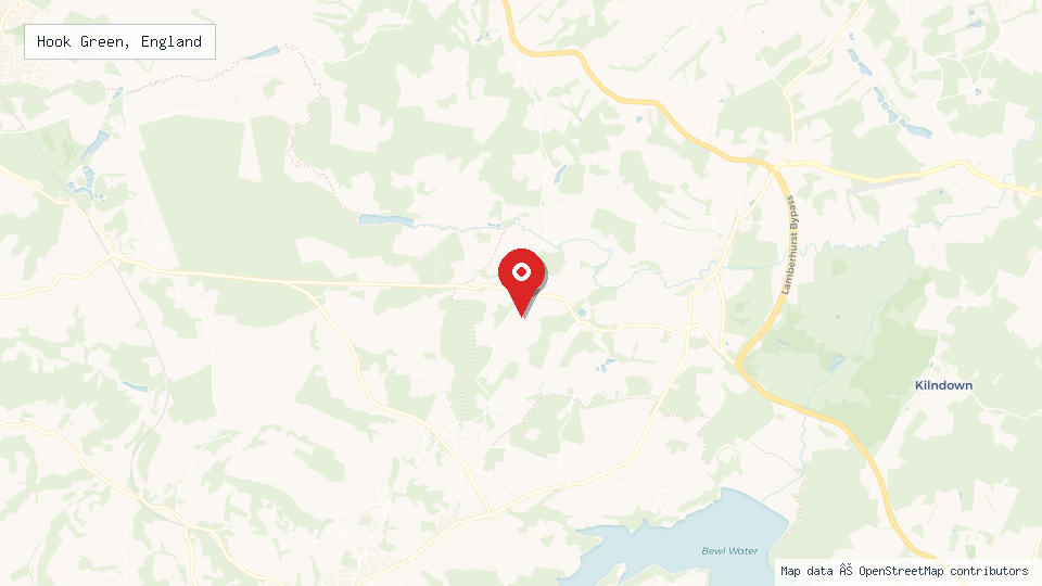 Street map of Hook Green, England with location pin