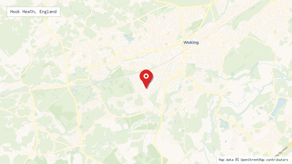 Street map of Hook Heath, England with location pin