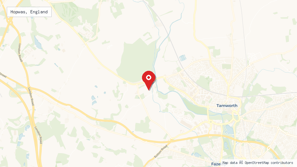 Street map of Hopwas, England with location pin