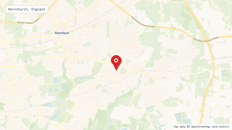 Street map of Hornchurch, England with location pin
