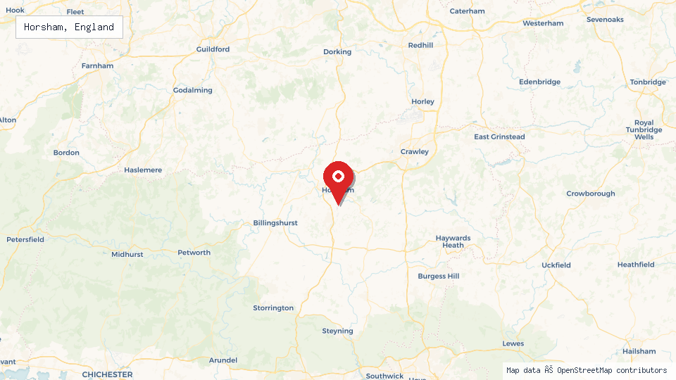 Street map of Horsham, England with location pin