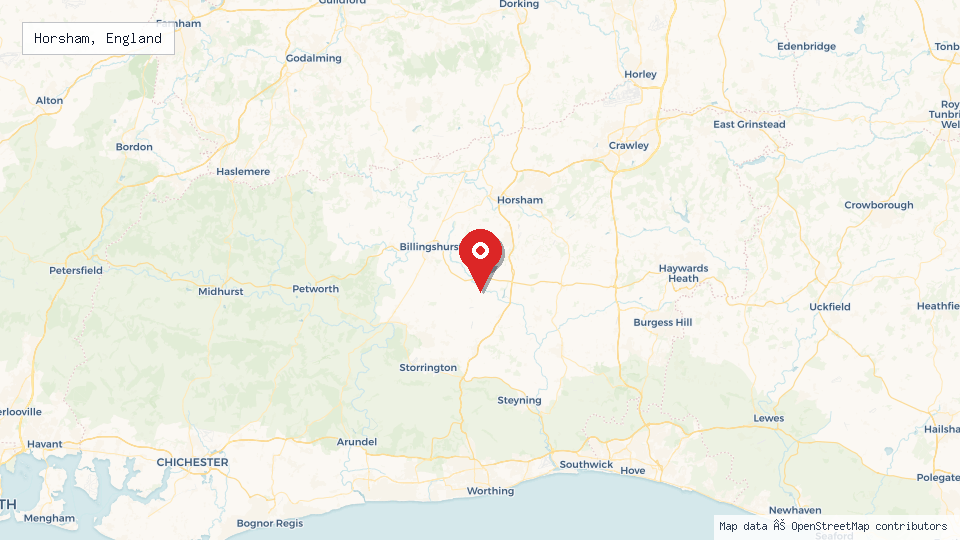 Street map of Horsham, England with location pin