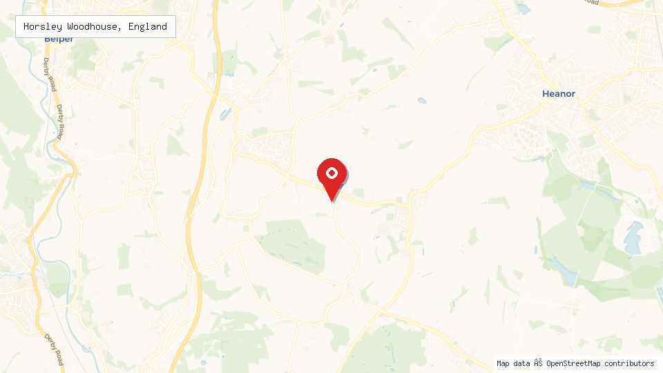 Street map of Horsley Woodhouse, England with location pin