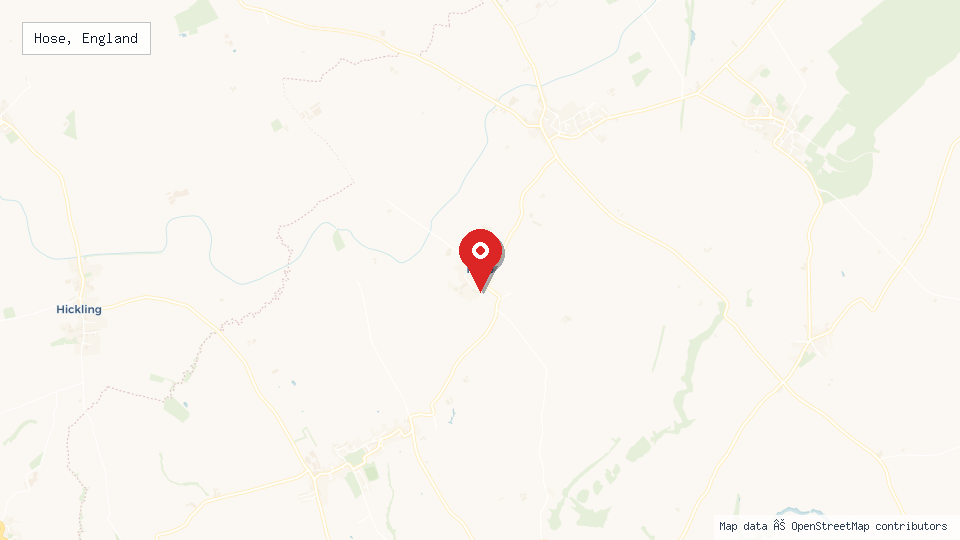 Street map of Hose, England with location pin