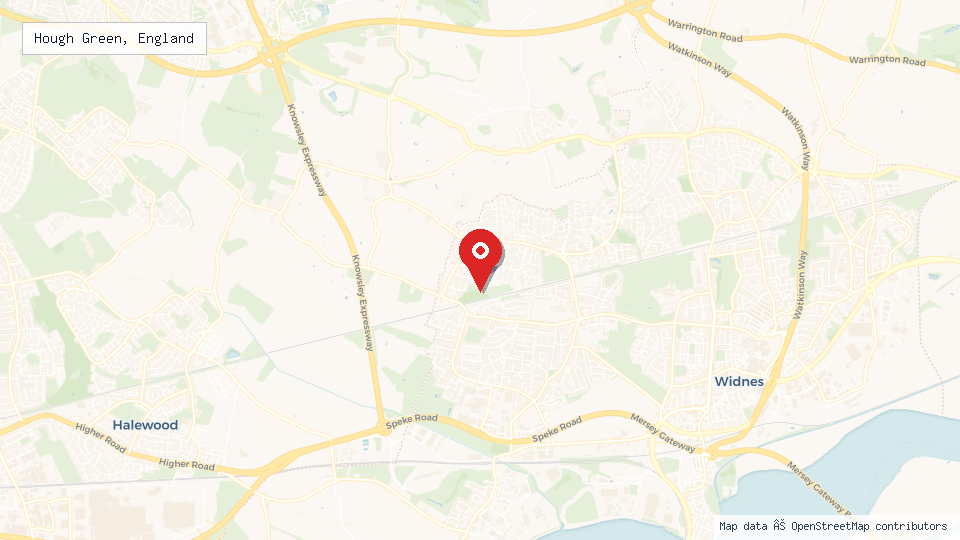 Street map of Hough Green, England with location pin