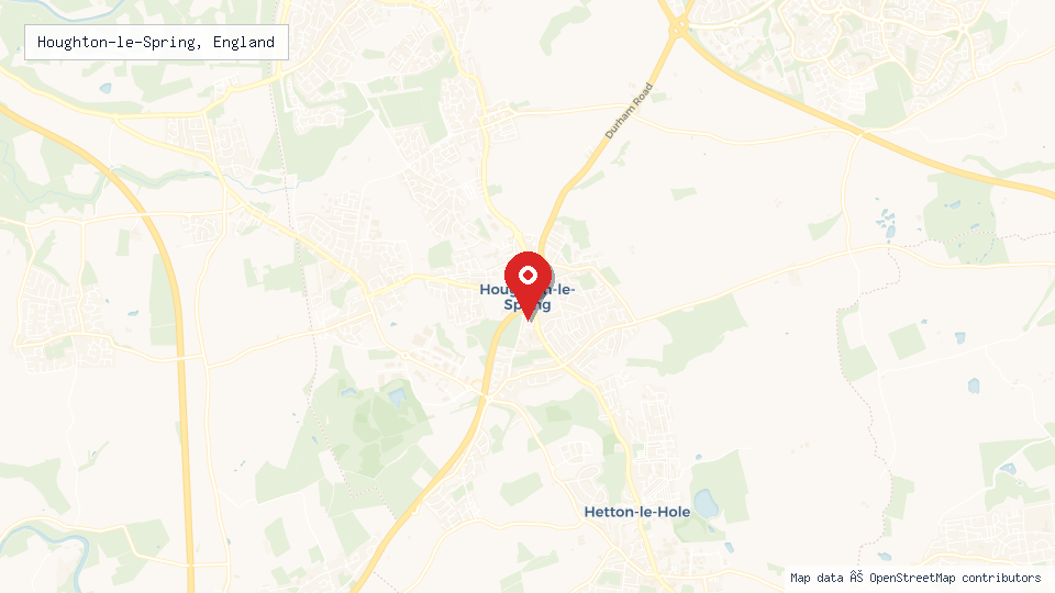 Street map of Houghton-le-Spring, England with location pin