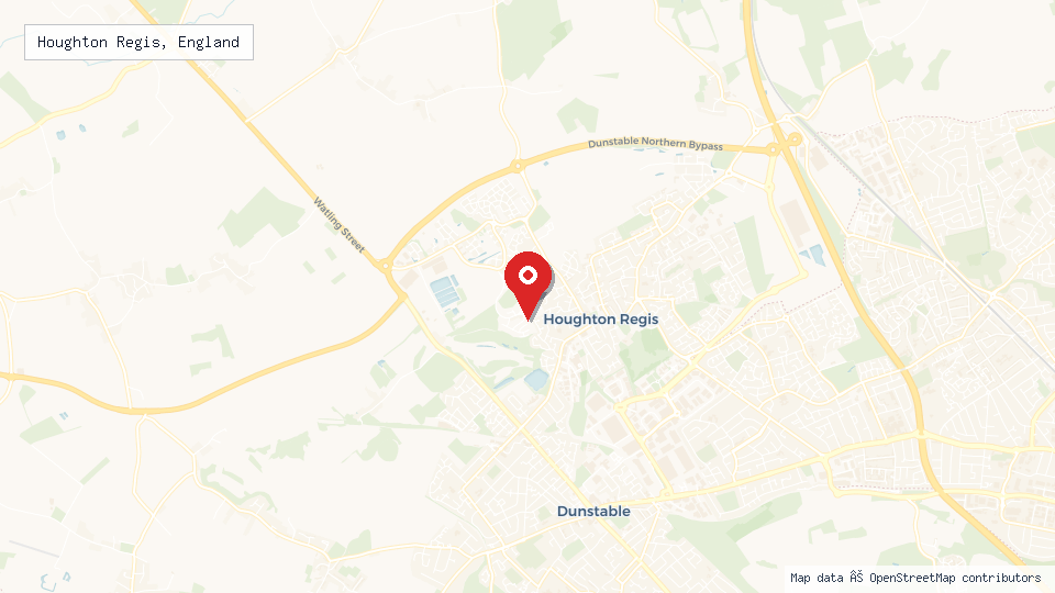 Street map of Houghton Regis, England with location pin