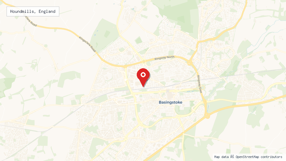 Street map of Houndmills, England with location pin