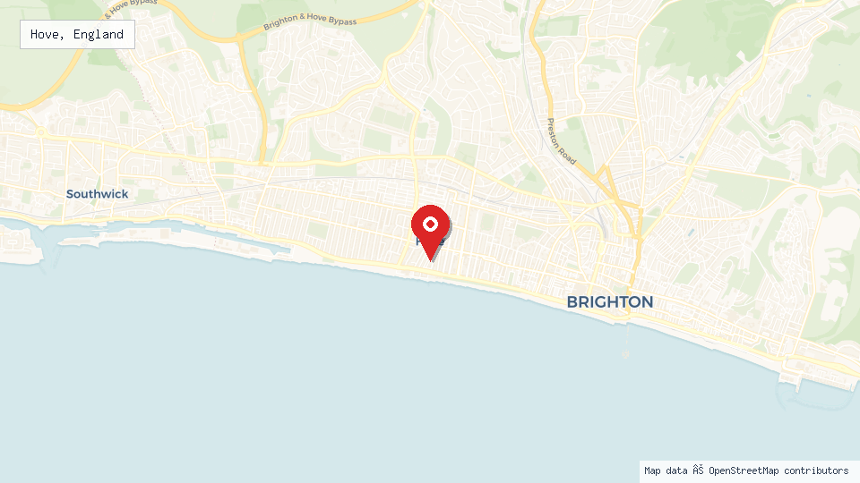 Street map of Hove, England with location pin
