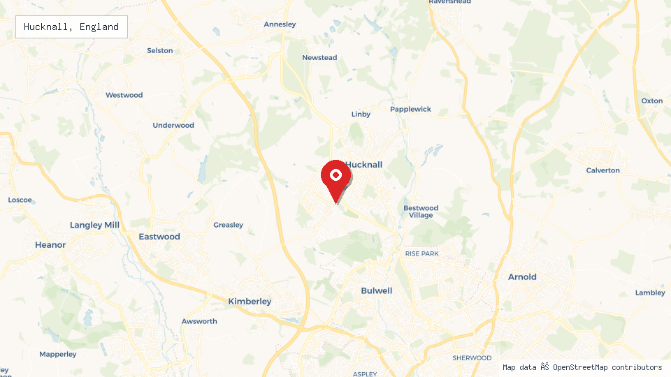 Street map of Hucknall, England with location pin