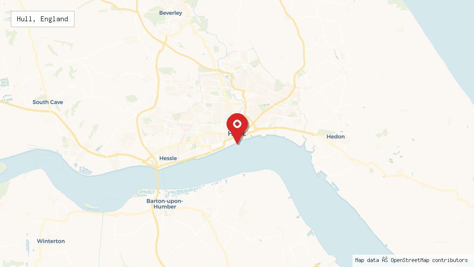 Street map of Hull, England with location pin