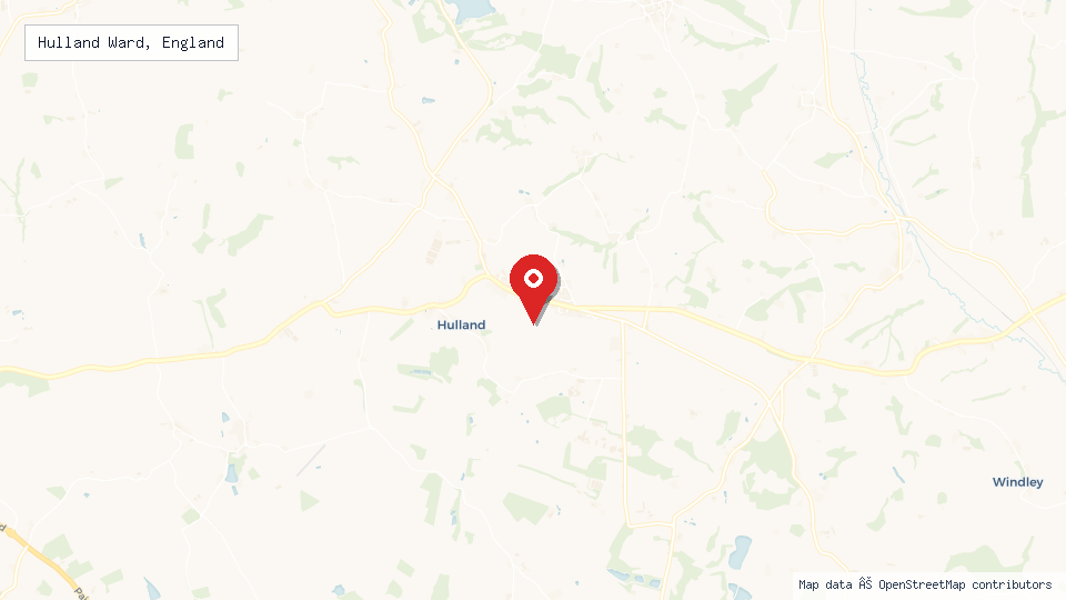Street map of Hulland Ward, England with location pin