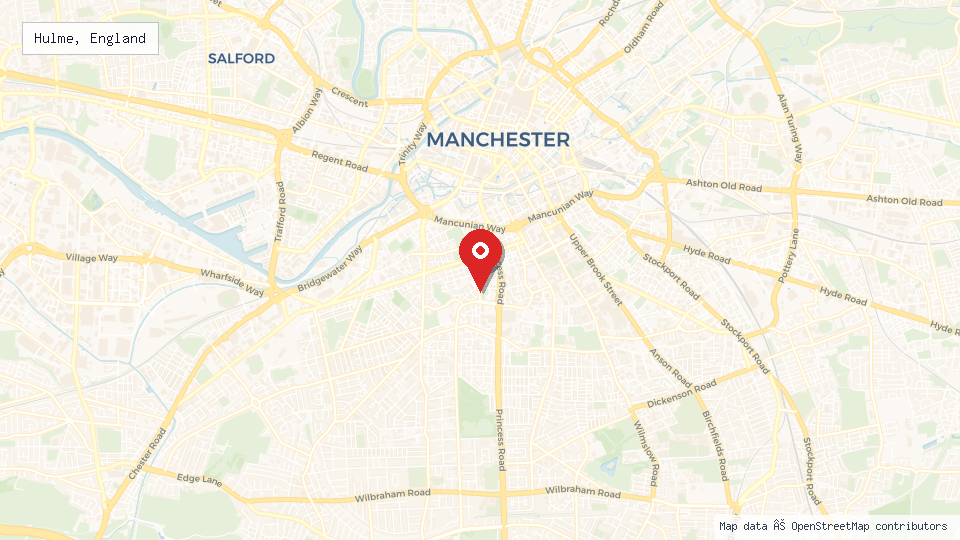Street map of Hulme, England with location pin