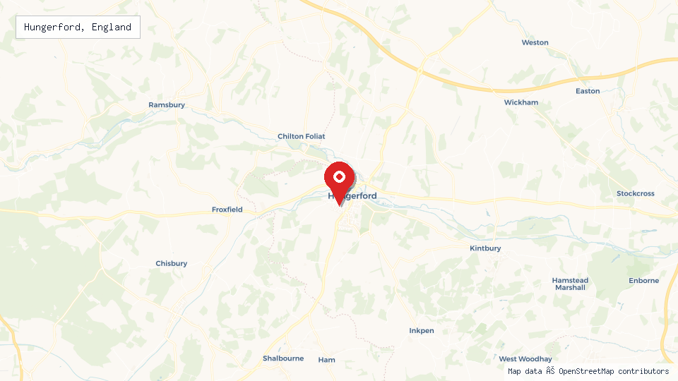 Street map of Hungerford, England with location pin