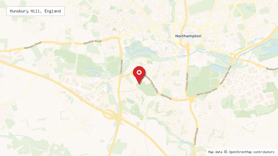 Street map of Hunsbury Hill, England with location pin