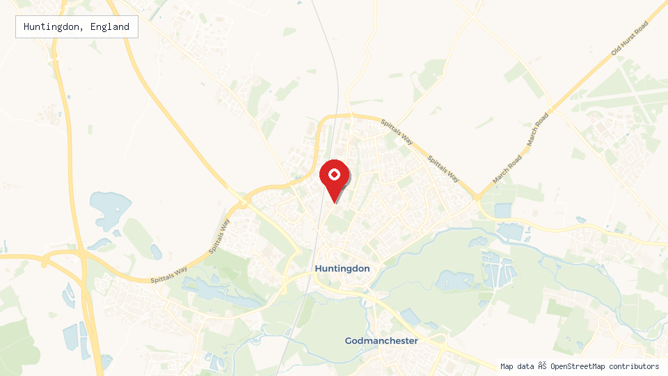 Street map of Huntingdon, England with location pin