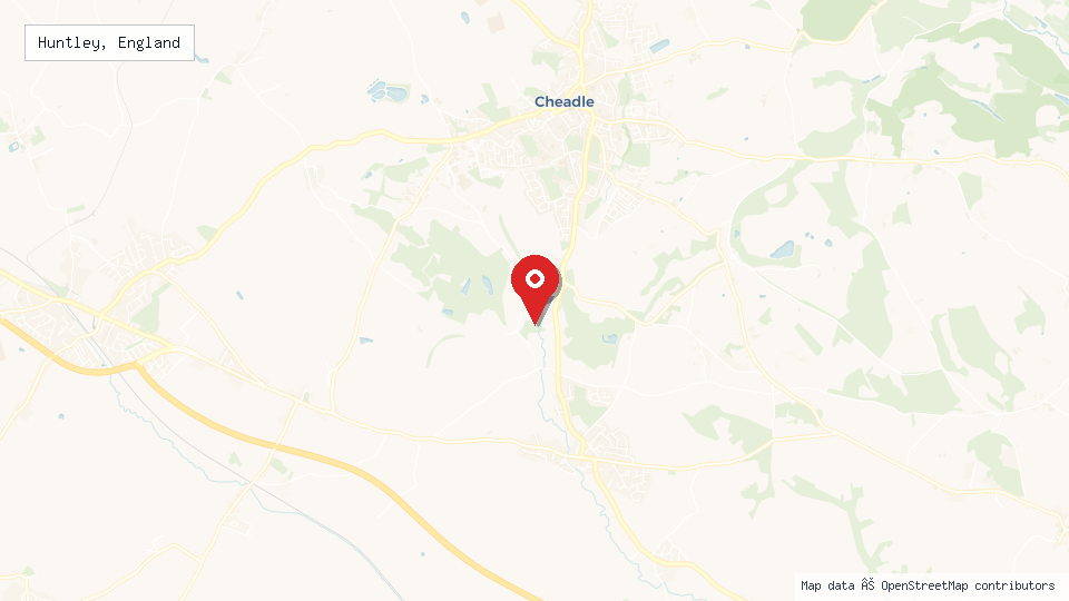 Street map of Huntley, England with location pin