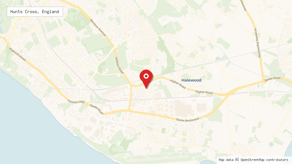 Street map of Hunts Cross, England with location pin