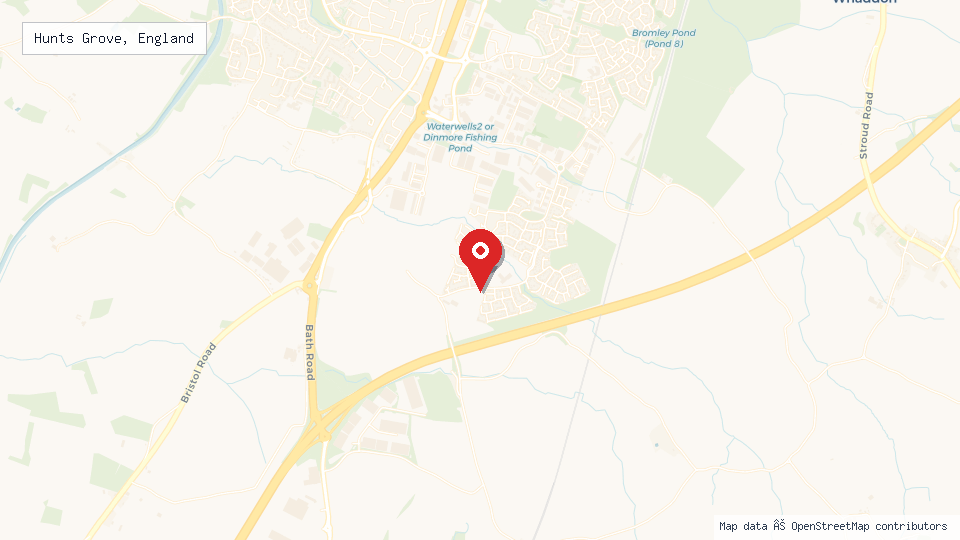 Street map of Hunts Grove, England with location pin
