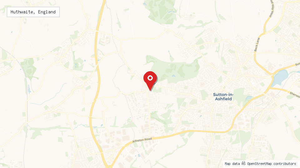 Street map of Huthwaite, England with location pin