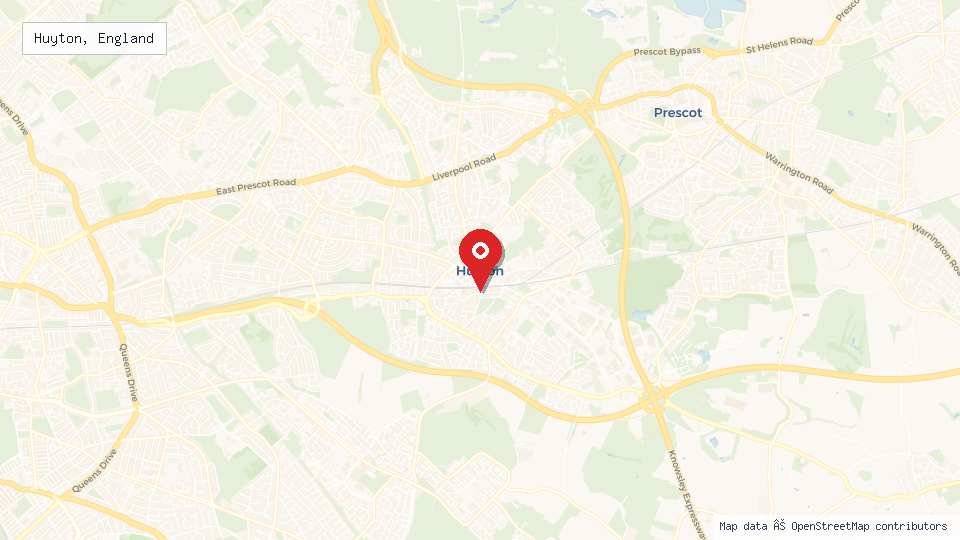 Street map of Huyton, England with location pin