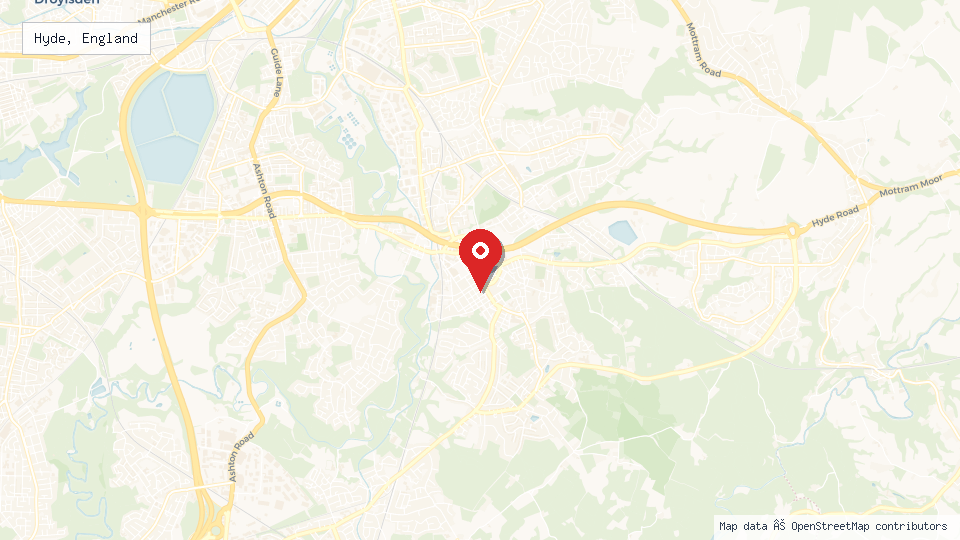 Street map of Hyde, England with location pin