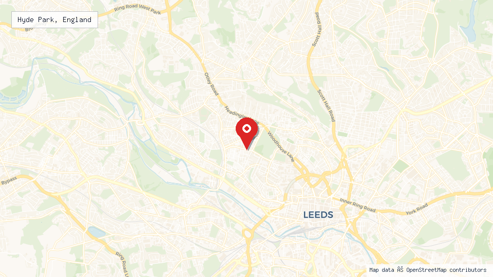 Street map of Hyde Park, England with location pin
