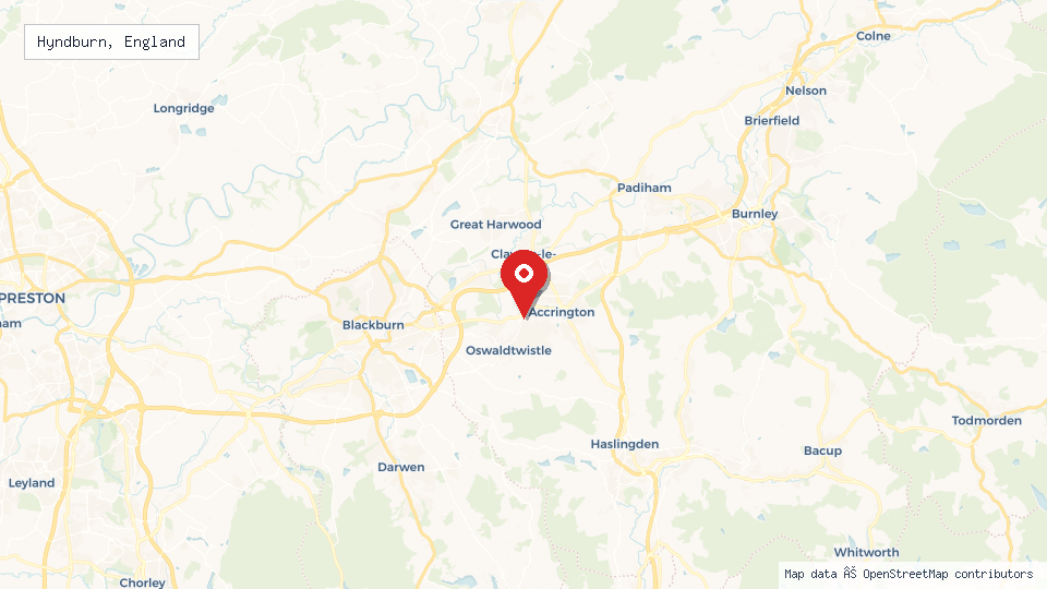 Street map of Hyndburn, England with location pin