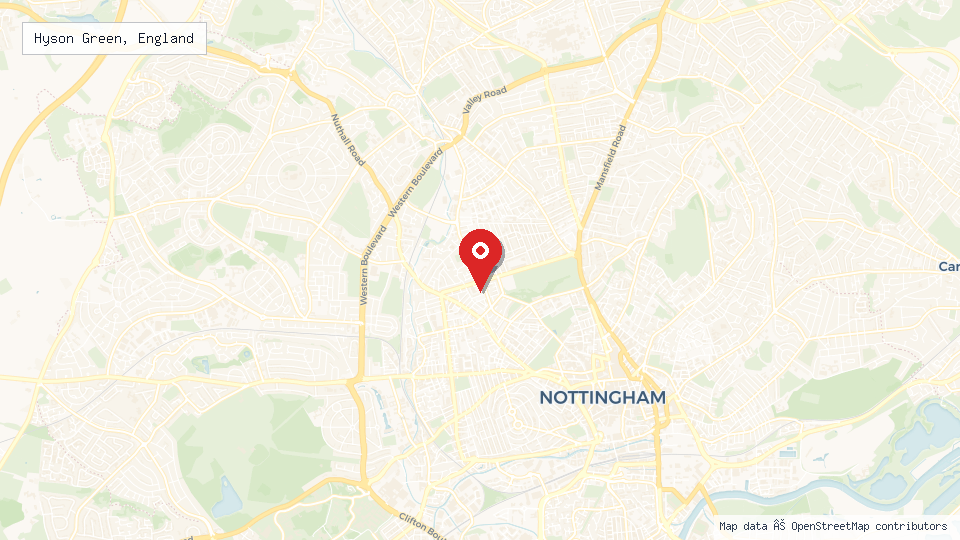 Street map of Hyson Green, England with location pin