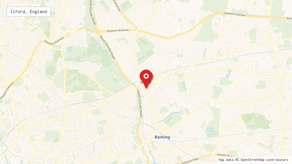 Street map of Ilford, England with location pin