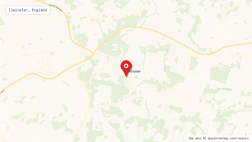 Street map of Ilminster, England with location pin
