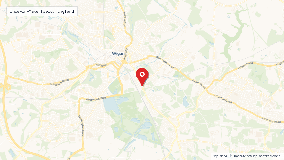 Street map of Ince-in-Makerfield, England with location pin