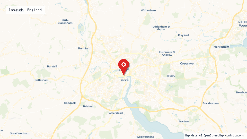 Street map of Ipswich, England with location pin
