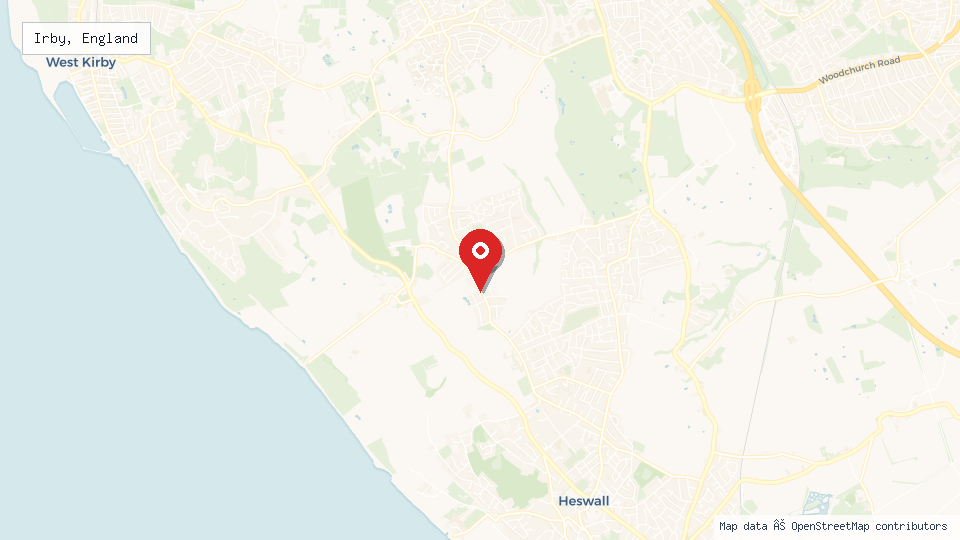 Street map of Irby, England with location pin