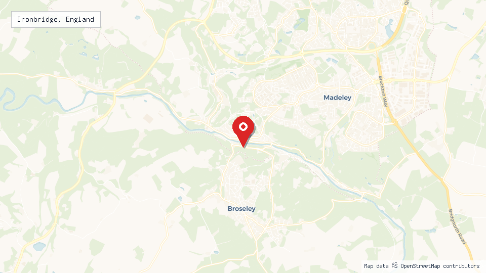 Street map of Ironbridge, England with location pin