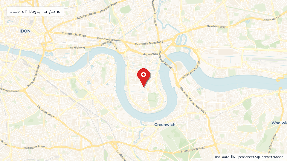 Street map of Isle of Dogs, England with location pin