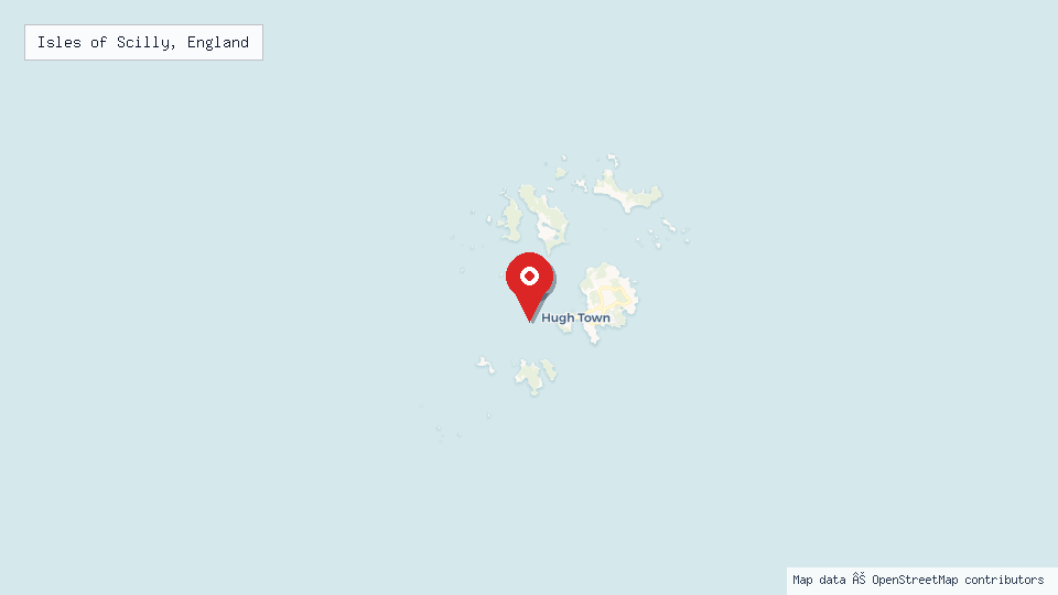 Street map of Isles of Scilly, England with location pin