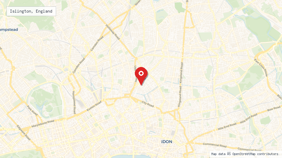 Street map of Islington, England with location pin