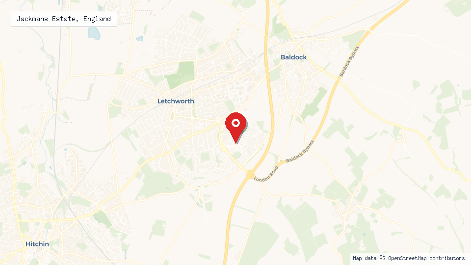 Street map of Jackmans Estate, England with location pin